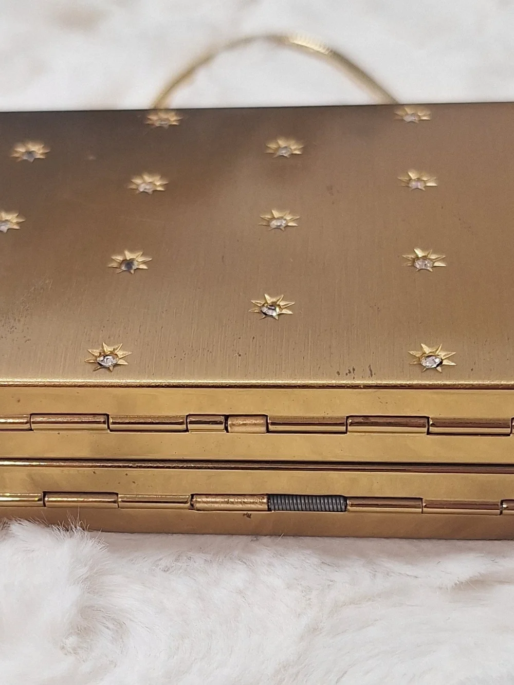 Gold Tone Starburst Rhinestone MCM Embellished Box Compact Clutch Mirror Handbag